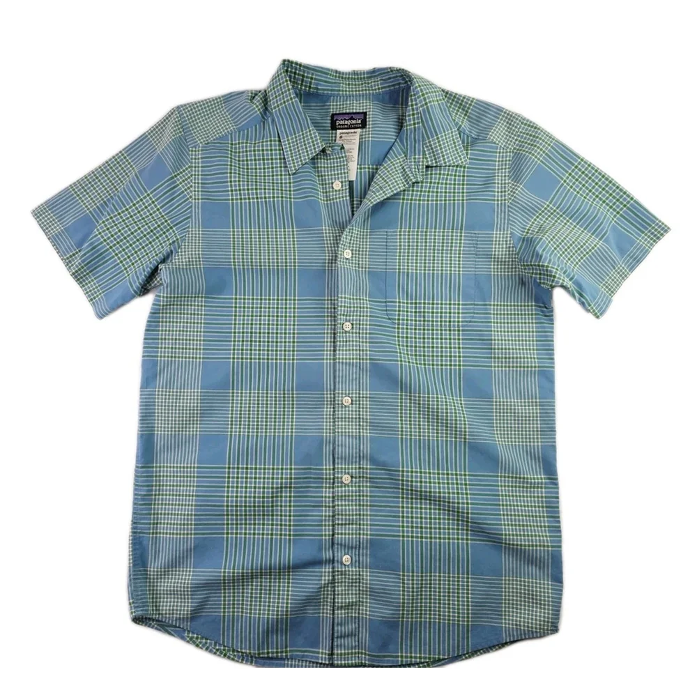 Patagonia Men's Go To Shirt Short Sleeve Plaid Blue Green Organic Cotton Size L